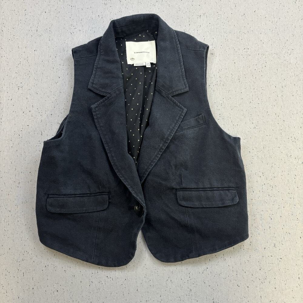 By Anthropologie Women’s Black Vest Size 6 Preppy Academia Layering Piece Linen